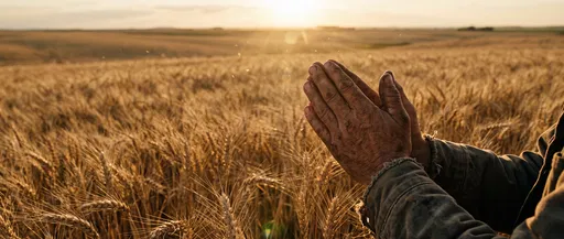 Farmer Hands Praying in Golden Wheat Field