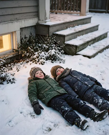 Two Children Lying in Backyard Snow