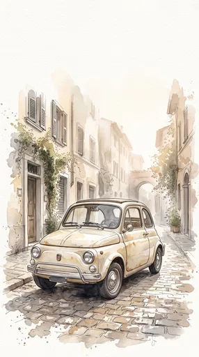 Watercolor Vintage Cream Car on Cobblestone Street