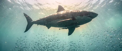 Giant Shark Swimming Overhead in Sunlit Ocean