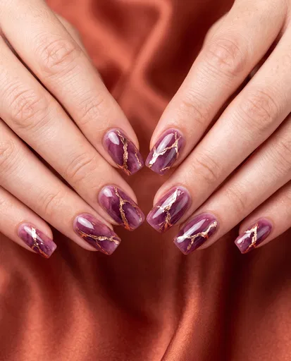 Purple Geode Nails With Rose Gold Veining