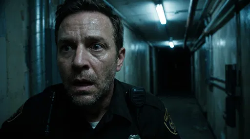 Terrified Security Guard in Dark Corridor