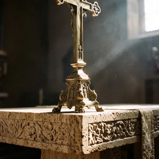 Brass Cross on Carved Stone Altar