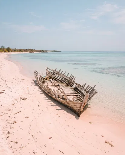 Weathered Wooden Shipwreck on Pink Sand Beach