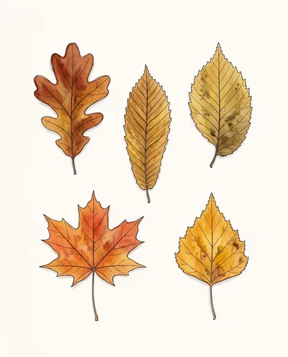 Five Autumn Leaves Watercolor Illustration
