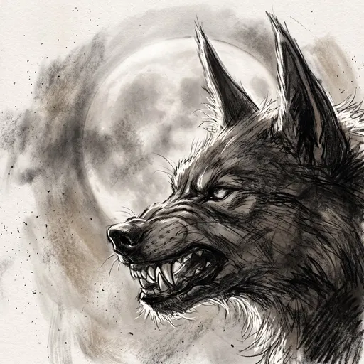 Charcoal Sketch of Snarling Werewolf and Moon