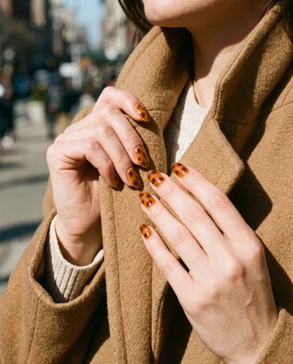 Woman Wearing Tortoiseshell Nail Art and Camel Coat