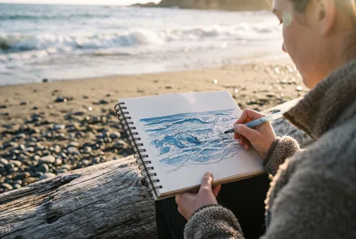 Artist Sketching Ocean Waves on Beach