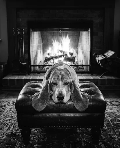 Basset Hound Resting by Fireplace
