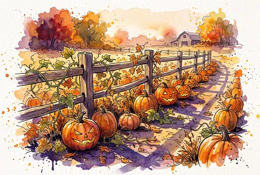 Watercolor Pumpkin Patch and Fence