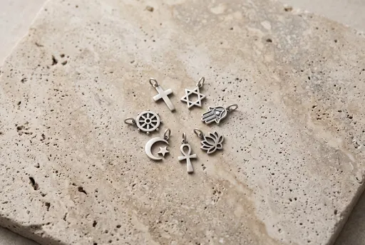 Silver Religious Symbol Charms on Travertine