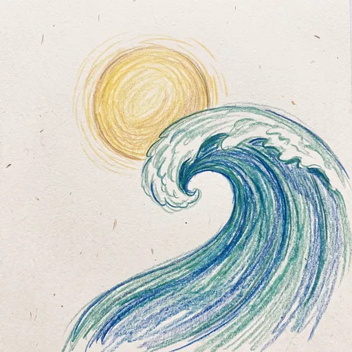 Colored Pencil Ocean Wave and Sun Drawing