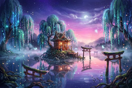 Mystical Shrine on Bioluminescent Twilight Lake