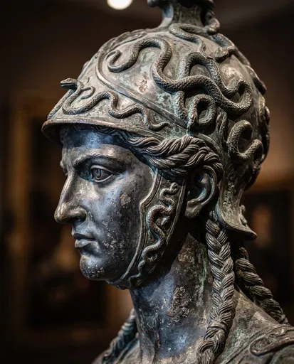 Bronze Warrior Goddess Bust with Serpent Helmet