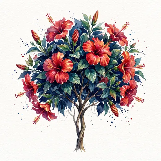 Watercolor Blooming Red Hibiscus Tree Illustration