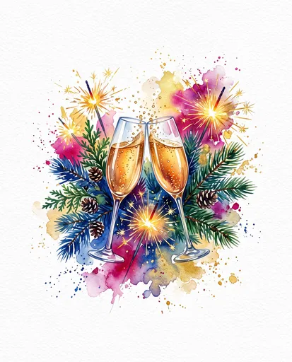 Watercolor Champagne Flutes and Festive Sparklers