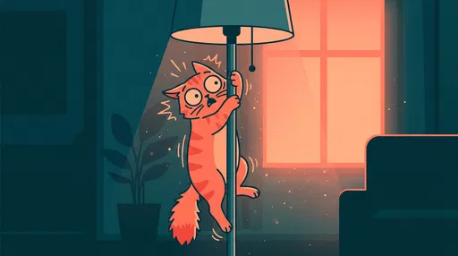 Scared Cartoon Cat Clinging to Lamp