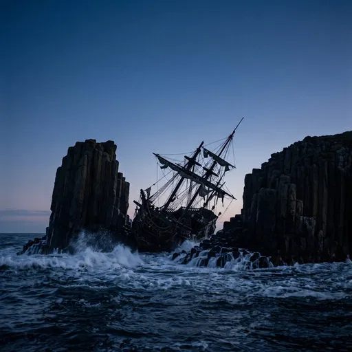 Shipwreck Wedged Between Basalt Sea Stacks
