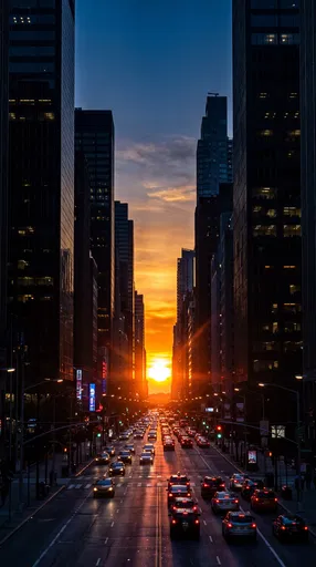 Sunset Aligned Down Metropolitan Street Canyon