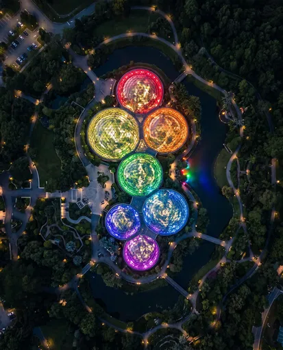 Aerial View of Rainbow Glowing Botanical Domes