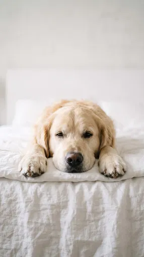 Golden Retriever Resting on White Linen Bed