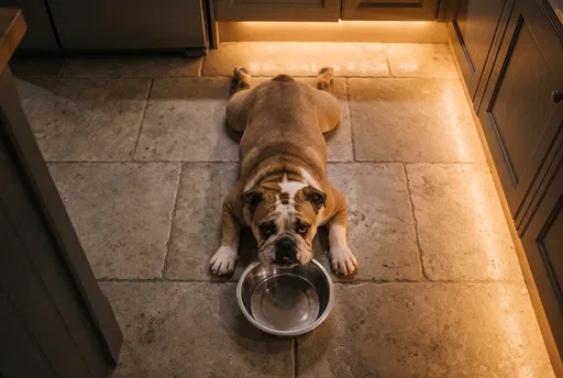 Sad English Bulldog With Empty Bowl
