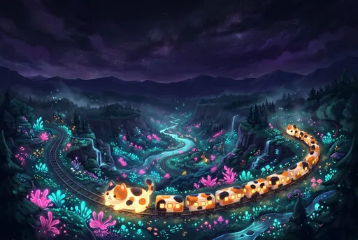 Glowing Calico Cat Train in Night Valley