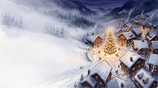Watercolor Alpine Village Christmas Tree Illustration