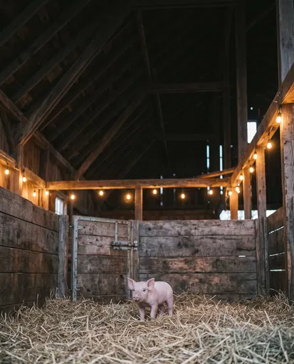 Young Piglet in Rustic Wooden Barn Stall