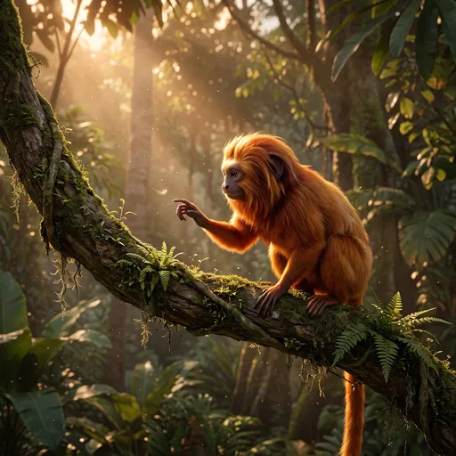 Golden Lion Tamarin on Sunlit Jungle Branch
