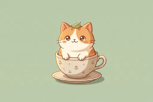 Kawaii Ginger Cat in Teacup Illustration