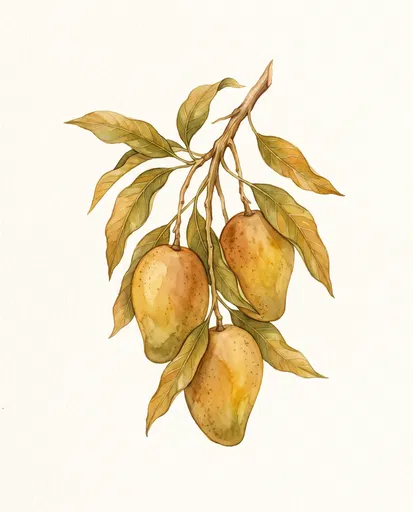 Botanical Watercolor Illustration of Three Ripening Mangoes
