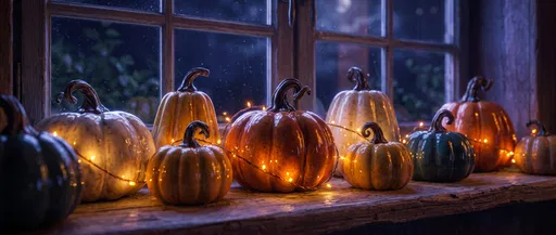 Glossy Ceramic Pumpkins on Night Windowsill
