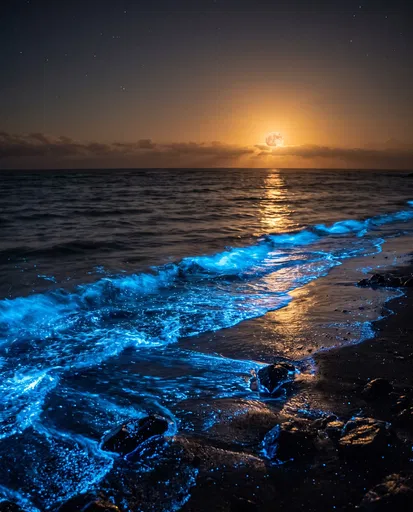 Bioluminescent Waves Under Amber Moonrise