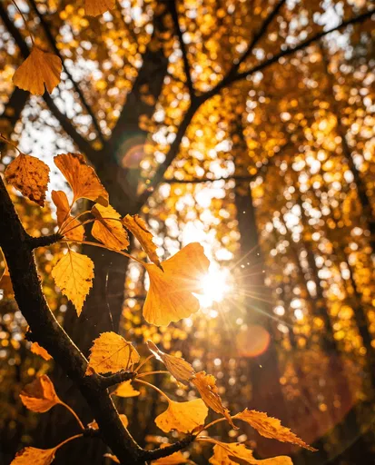 Golden Autumn Leaves With Sun Flare