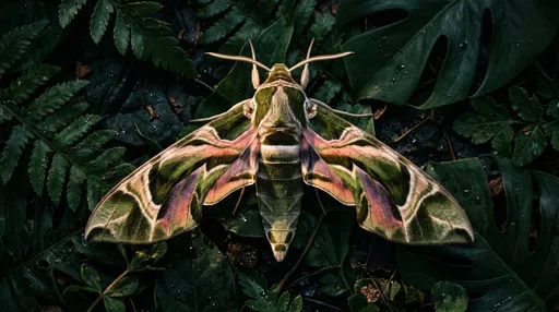 Oleander Hawk-Moth on Dark Tropical Foliage
