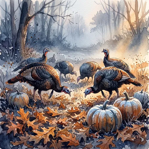 Watercolor Wild Turkeys in Autumn Forest