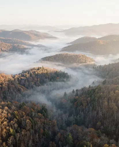 Misty Autumn Mountain Valleys Aerial View