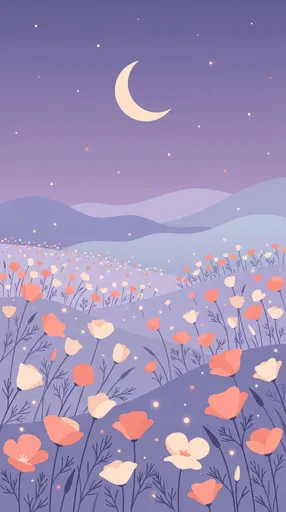 Pastel Night Meadow With Poppies and Moon