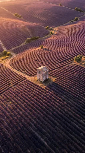 Aerial View of Sunset Lavender Fields