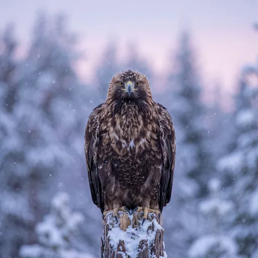 Golden Eagle Perched on Snowy Stump