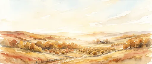 Watercolor Autumn Orchard Valley Landscape