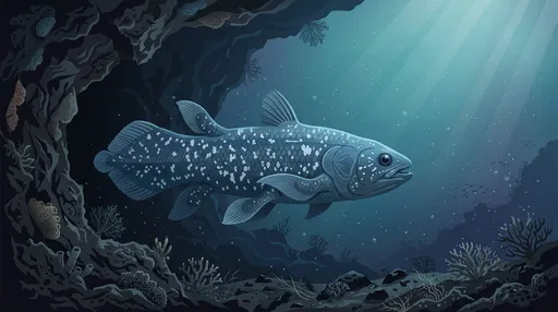 Coelacanth Emerging from Underwater Cave Illustration