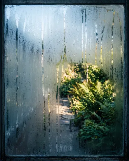 Condensation on Greenhouse Window Overlooking Garden