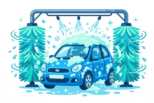 Blue Compact Car in Automatic Wash