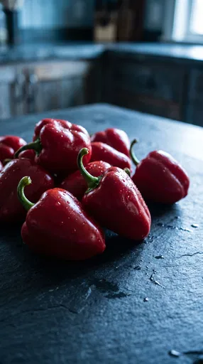 Fresh Red Pimento Peppers on Slate Countertop