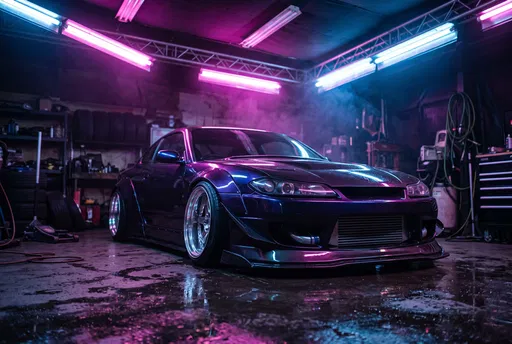 Purple Widebody Drift Car in Neon Garage