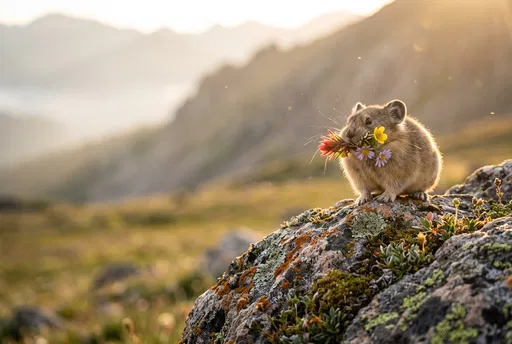 Pika With Wildflowers on Mountain Rock
