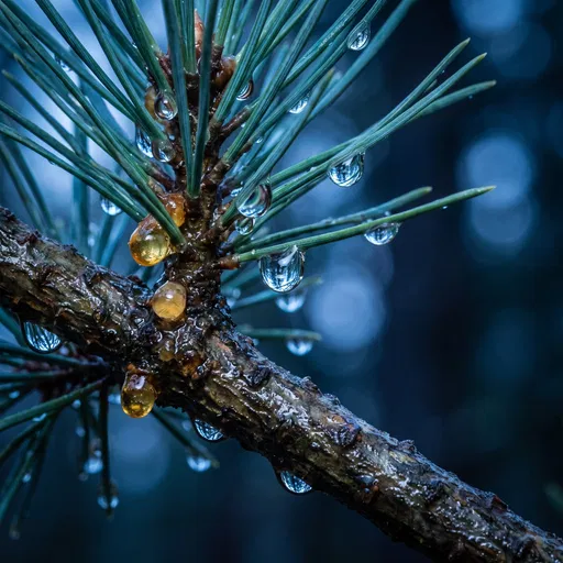 Macro Pine Branch With Raindrops and Resin