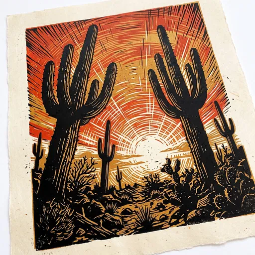 Desert Saguaro Sunset Linocut Block Print